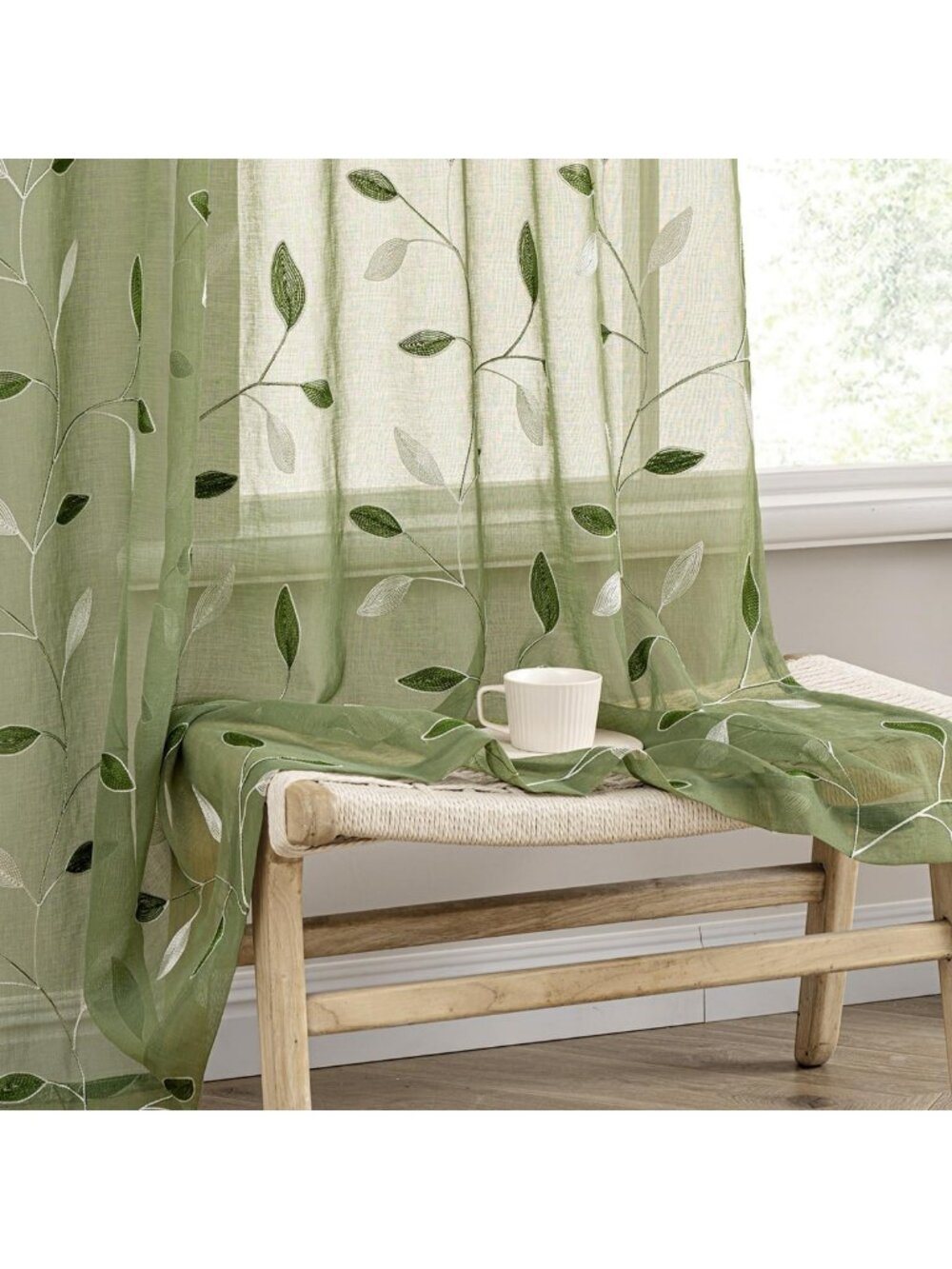 Sage Green Sheer Curtains Set - Embroidered Leaf Pattern, 2 Panels, 52x84